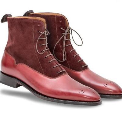 Handmade men Burgundy color suede and leather ankle boots, Men's Brogue boot