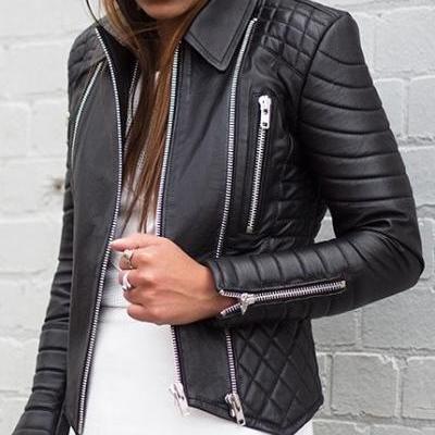 Women Genuine Leather Black Padded Quilted Brando Leather Jacket
