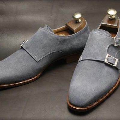 Men Gray Grey Double Monk Suede Leather Shoes