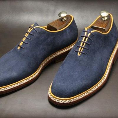 Men Blue Suede Leather Shoes with Laces