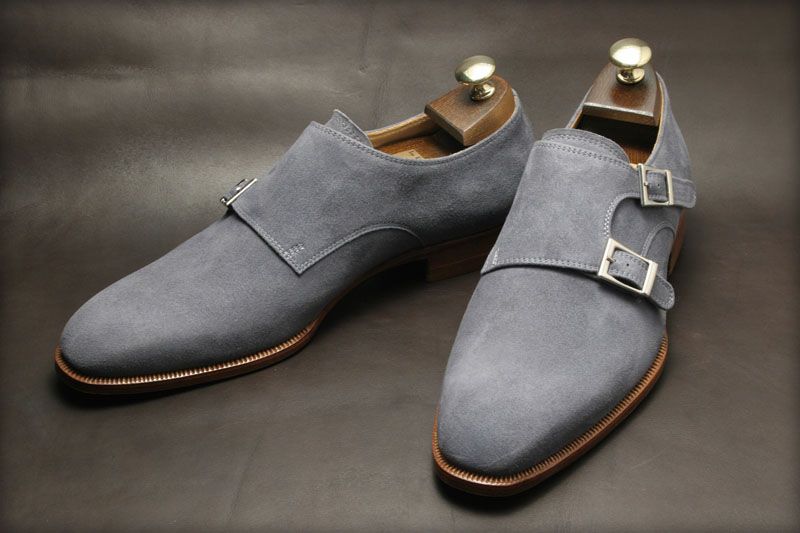 grey double monk strap shoes