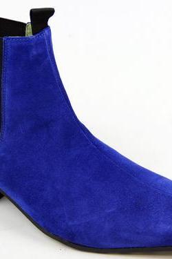Handmade Men Blue Color Pointed Toe Suede Ankle Boots , Men&amp;amp;#039;s Boot With Cuban Heel