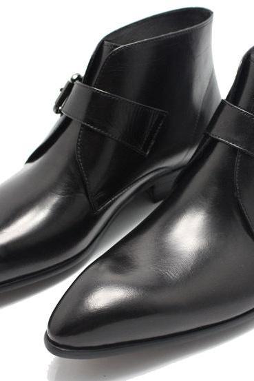 Men Black Handmade Genuine Leather Boots With Pointed Toe And Strap
